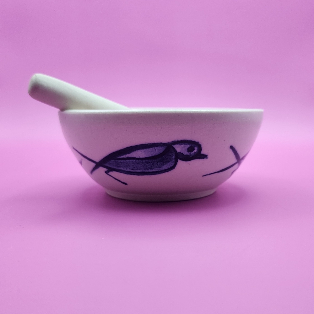 Beautiful Artist Signed Small Ceramic Pottery Mortar &Pestle Set Blue Bird Motif